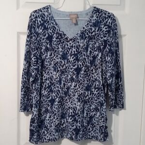 Chico's V-Neck Blue Patterned Sweater